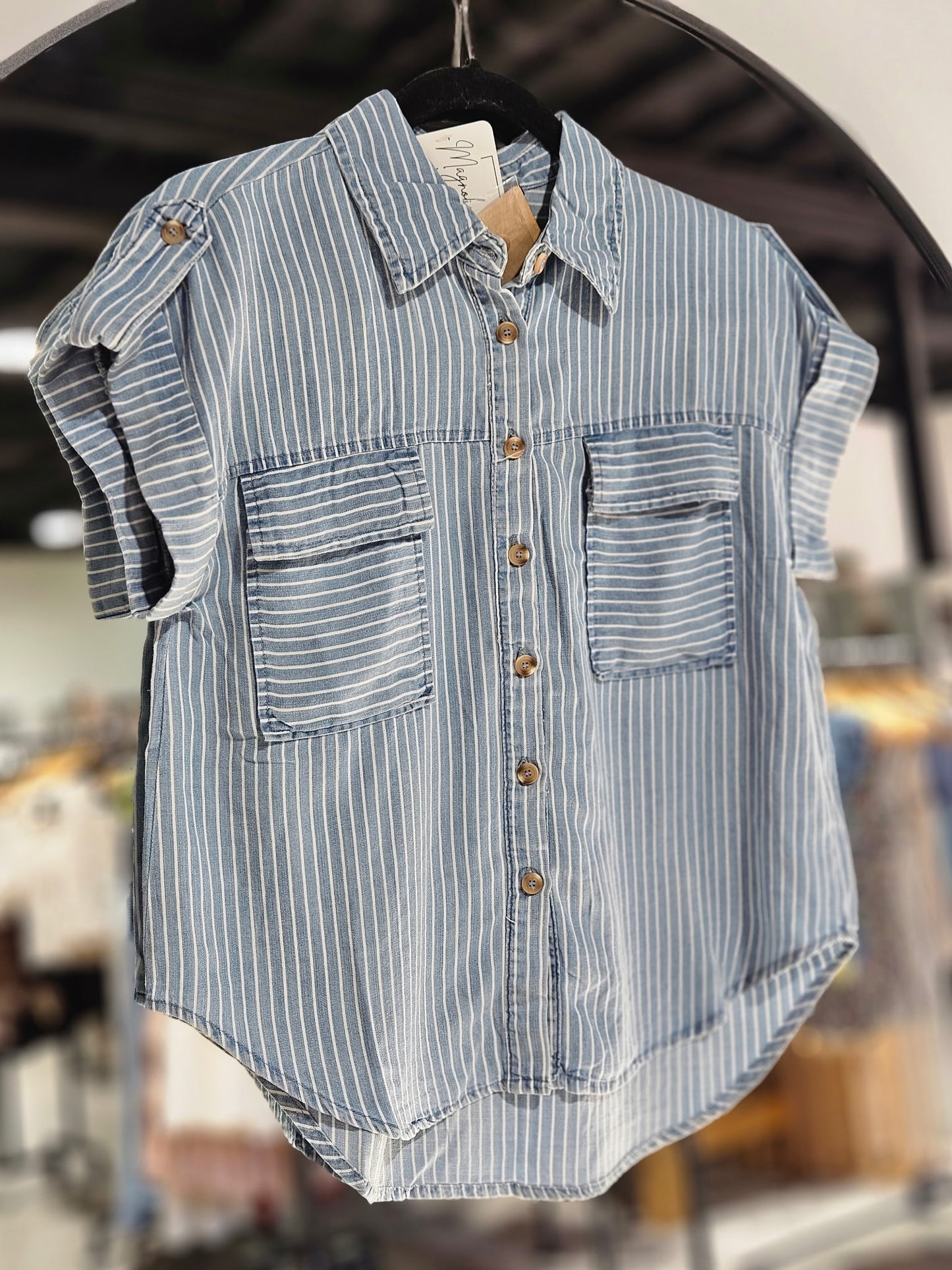 Stripe Collared Pocket Detail Chambray Top