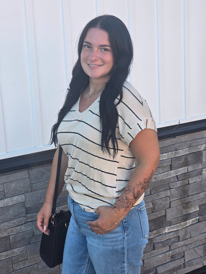 Stripe V Neck Cuffed Short Sleeve Knit Top