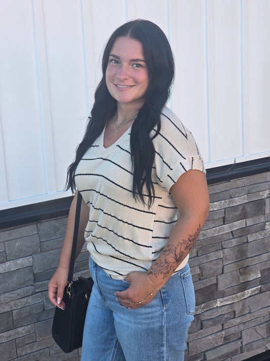 Stripe V Neck Cuffed Short Sleeve Knit Top