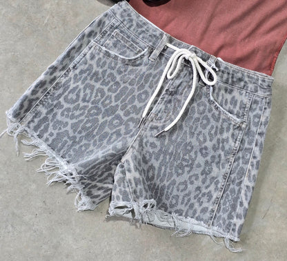 High Rise Grey Leopard Drawstring Shorts