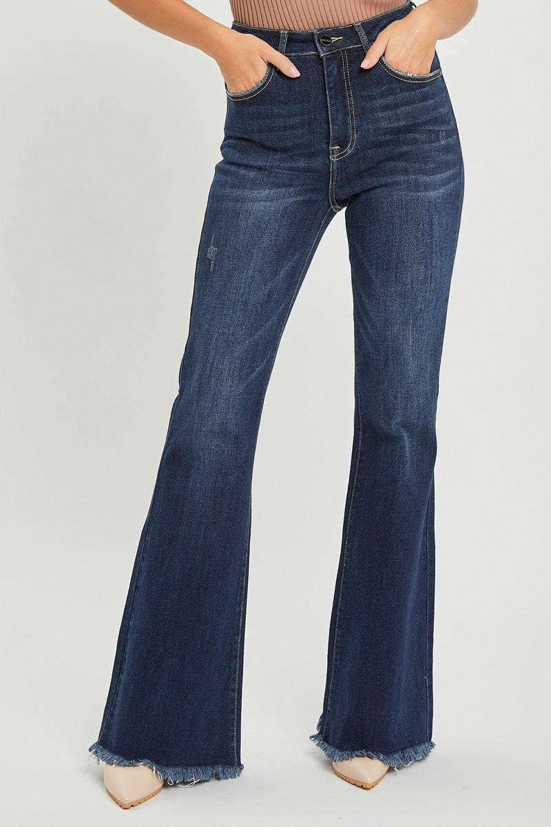 High Rise Vintage Frayed Hem Flare Jeans